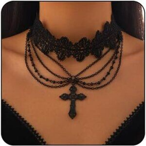 Black Gothic Lace Choker Necklace Women Goth Pendant Necklace Cross